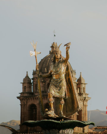 Statue in front of the Basilica of the Sacred Heart of Jesus in Cusco Peru