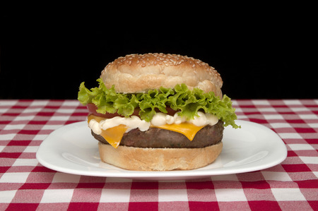Homemade Hamburger on black backgroundの写真素材