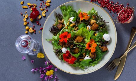 salad with fresh vegetables, chestnuts and tofu. Top view.の写真素材