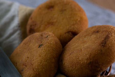 Fried sausage on the meal table. Brazilian snacks.