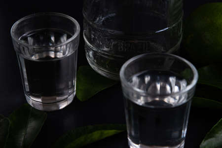 Brazilian cachaÃ§a in dark fume with lemons and salt. At the end of the bottle is written "From Brazil".の写真素材