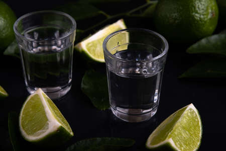 Brazilian cachaca in dark fume with lemons and salt.の写真素材