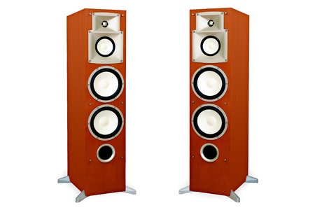  Two audio speakers in wooden case isolated on white background, musical equipment の写真素材