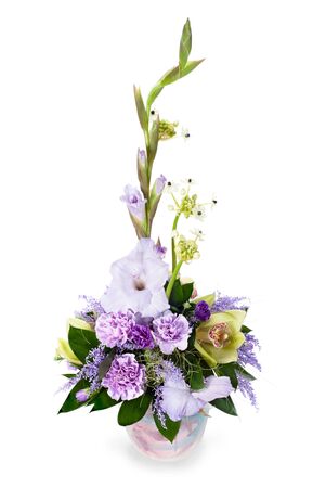 colorful flower bouquet from gladioluses arrangement centerpiece in vase isolated on white backgroundの写真素材