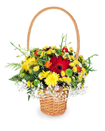colorful flower bouquet arrangement centerpiece in a wicker gift basket isolated on white background
の写真素材
