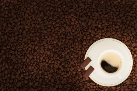 cup of coffee with chocolate pieces on coffee beans background の写真素材