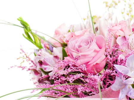 fragment of colorful bouquet of roses, cloves, orchids and freesia isolated on white backgroundの写真素材