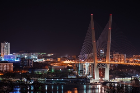 night view of the bridge in the Russian Vladivostok over the Golden Horn bayの写真素材