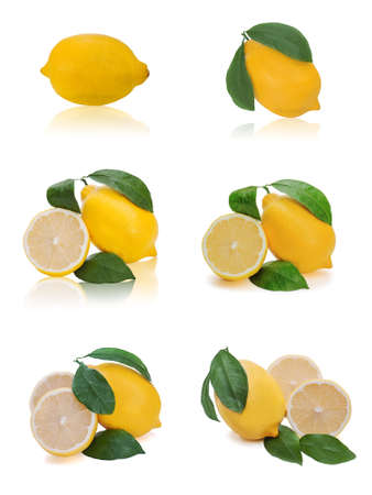 set of fresh lemon citrus with cut and green leaves isolated on white backgroundの写真素材