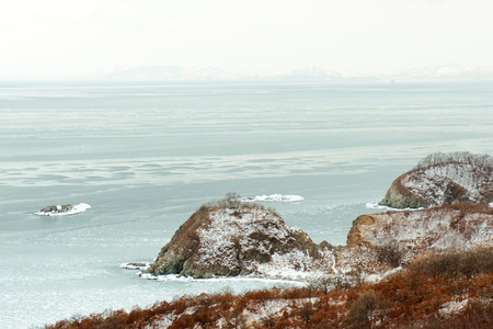 Beautiful scenic view of coast Japanese sea in winter.の写真素材