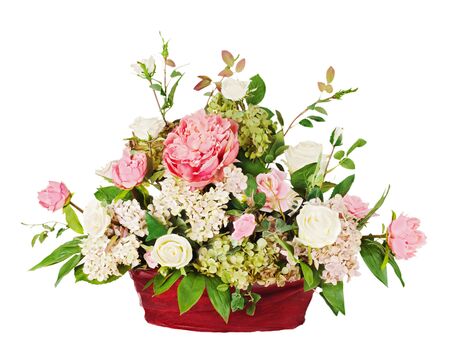 Colorful floral bouquet from roses and cloves arrangement centerpiece in vase isolated on white backgroundの写真素材