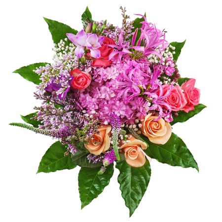 Floral bouquet of roses, lilies and orchids isolated on white background. Closeup.の写真素材