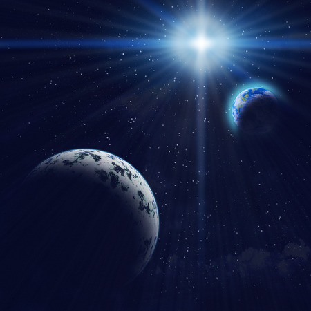 Abstract background - Gigant blue planet and Earth in space. Stars, galaxy, bright rays of sun....