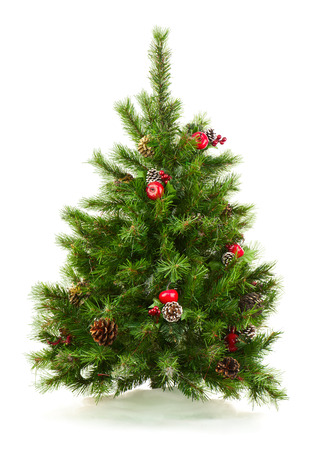 Green Decorated Christmas Tree Isolated on White Background. Closeup.の写真素材
