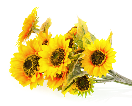 Composition of bright artificial sunflowers on white background. Closeup.の写真素材