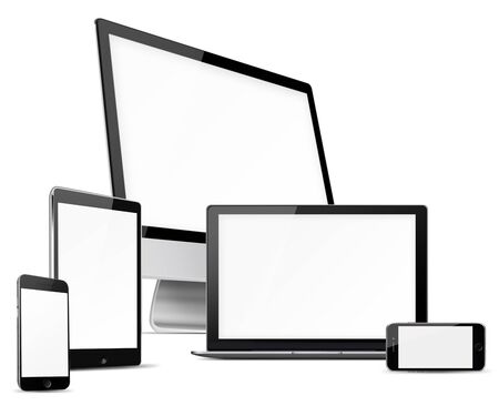 Computer monitor, mobile phone, laptop and tablet pc with blank screen isolated on white background. Highly detailed illustration.の写真素材