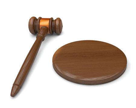 Wooden judge gavel and sound board isolated on white background. Highly detailed render.の写真素材