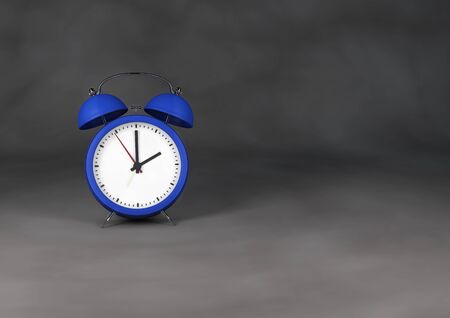 Blue retro style alarm clock on white gray background. Highly detailed render.