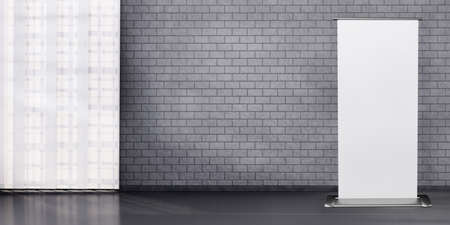 Detail of room with dark brick wall, windows with vertical blinds and roll up blank white banner. 3D...