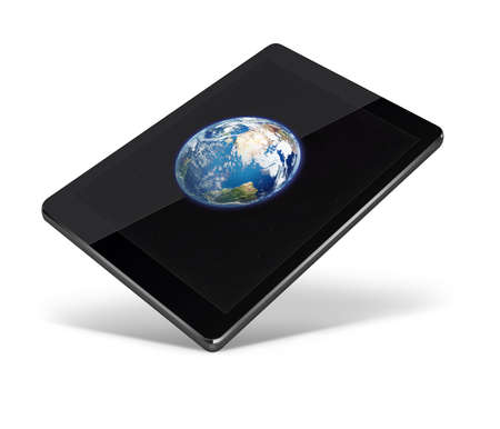 Realistic tablet pc computer with Earth from space on screen isolated on white background. 3D illustration. Elements of this image furnished by NASA.の写真素材