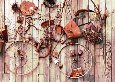 Still-life of rusty metal items on wooden background. Closeup.の写真素材