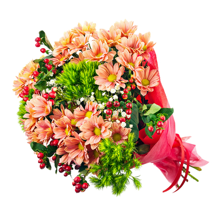 Bouquet of gerbera, carnations and other flowers isolated on white background.の写真素材