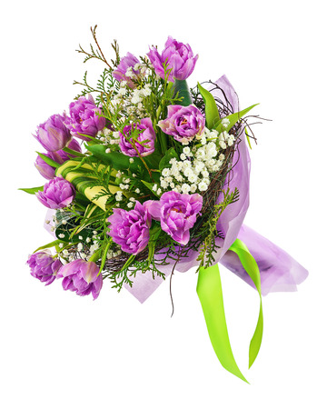 Beautiful bouquet of lilac tulips and other flowers isolated on white background.の写真素材