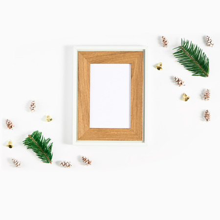 Festive composition of Christmas decorations on white background. Flat lay with copy space. New year...
