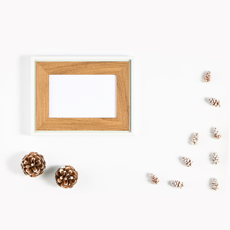 Festive composition of Christmas decorations on white background. Flat lay with copy space. New year...