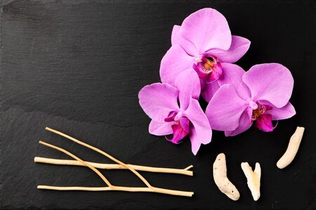 Flower arrangement of orchids on dark stone background.の写真素材