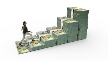 Business woman climbing stairs made of stacks of US dollar notes isolated on white background. 3D rendering of money arranged in the shape of a financial growth graph icon. Businesの写真素材