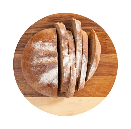 Isolated sliced bread on wooden cutten board on white background top view.の写真素材