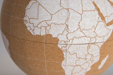 World cork ball showing central Africa and parts of the Atlantic and Indian Oceans and the Red Sea Â· Planning destinations Â· Places visited Â· Next destinationの写真素材