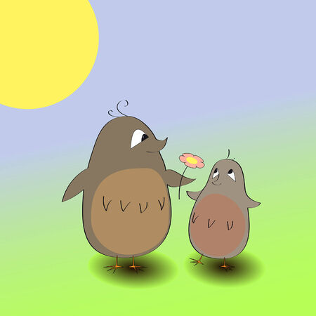 two cute grey-brown birdies with a flowerのイラスト素材