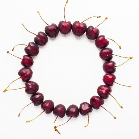 Ripe red cherries on a white background. Top view.の写真素材