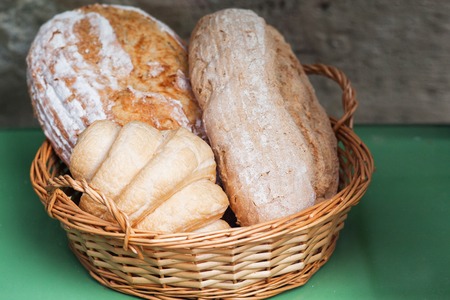 Bread in a basket in the baking shop. Bread Basket In A Windowの写真素材