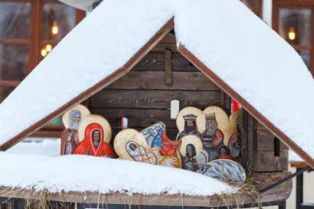 Representation of the birth of Christ. Ukraine, Lviiv, January 22, 2018. The faces are painted in folk style.のeditorial素材
