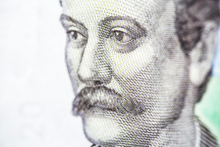 New banknote denomination of 20 UAH. Ukrainian money close up. Fragment of banknotes