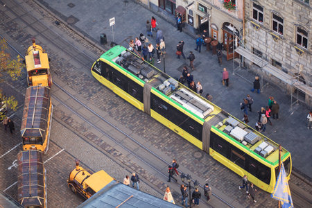 Lviv. Ukraine. 06.11.2018. View of the Market Square in Lviv from the height of the city hall tower....