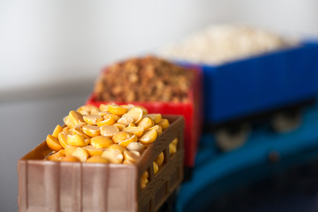 Wagons with grain of peas, rice and buckwheat. Grain Cultures.