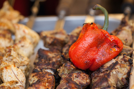 Grilled Pork Skewers and roasted Red Bell Pepper. Street Food Festivalの写真素材