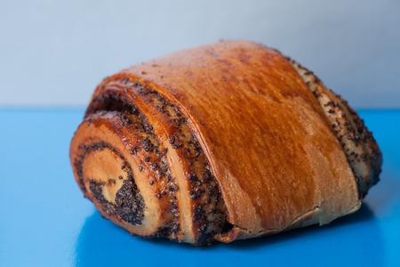 Sweet bun with poppy seeds on a blue background. Homemade roll with poppy seeds. Close up of bunsの写真素材