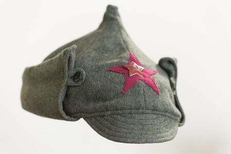 Soviet army cap "Budenovka" isolated on white background. Helmet cloth. Shallow depth of fieldの写真素材