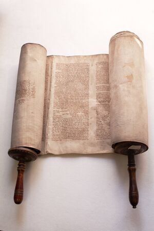 Old torah scroll book close up detail. Torah, the Jewish Holy Book.の写真素材
