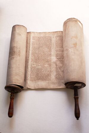 Old torah scroll book close up detail. Torah, the Jewish Holy Book.