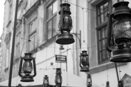 Gas lamps decor in Lviv city center. Armenian streetの写真素材