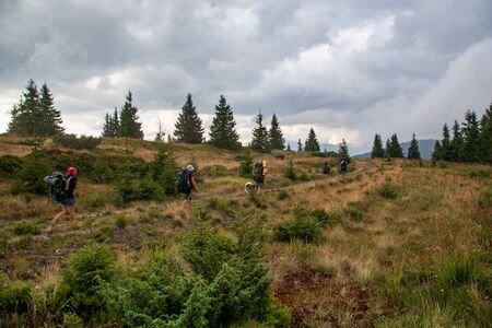 A group of tourists on a mountain trail.の写真素材