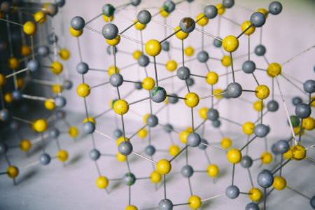 Old Wooden Molecular Model. Atomic Structure And Bonding. Chemistry background.の写真素材