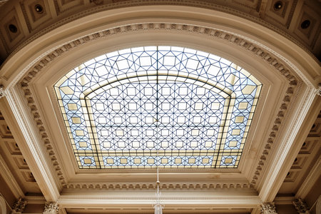 LVIV, UKRAINE - April 4, 2021: Assembly hall of Ivan Franko University. Glass ceiling. The building...