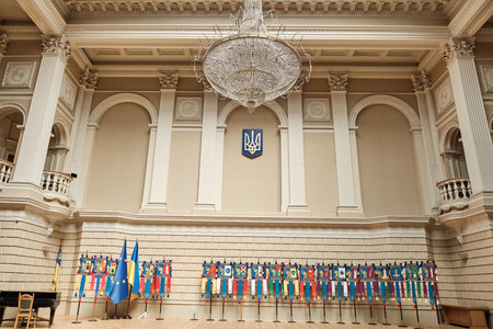 LVIV, UKRAINE - April 4, 2021: Assembly hall of Ivan Franko University. The building of the Galician Sejm.のeditorial素材